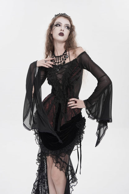 Black/Red Off Shoulder Long Trumpet Sleeves Ruffled Embroidered Lace-Up Women's Gothic Blouse