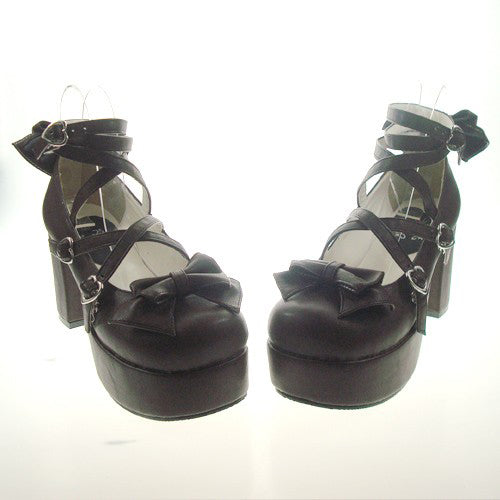 Brown Round Toe Cross Straps Platform Heel High Lolita Shoes