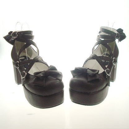 Brown Round Toe Cross Straps Platform Heel High Lolita Shoes