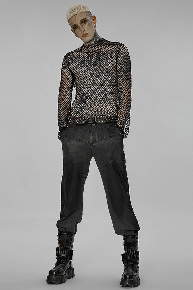 Black Punk Mesh See Through Sexy Long Sleeve Men's T-Shirt