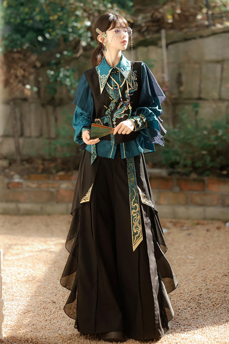 Black/Green Round Collar Long Sleeves Ruffle Embroidery Chinese Style Vintage Handsome Ouji Lolita Set