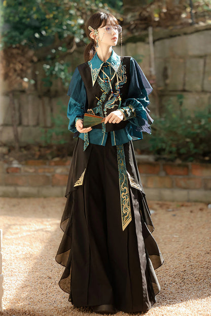 Black/Green Round Collar Long Sleeves Ruffle Embroidery Chinese Style Vintage Handsome Ouji Lolita Set