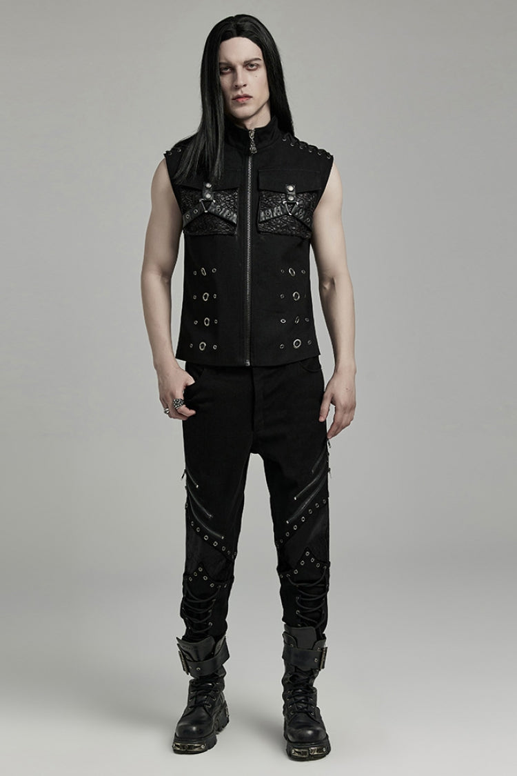 Black Stand Collar Stitching Slim Men's Punk Vest