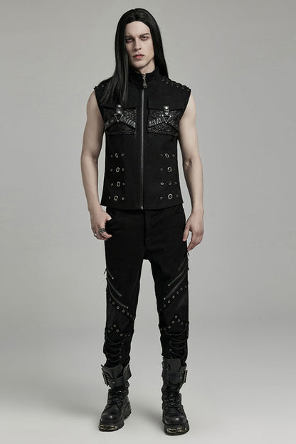 Black Stand Collar Stitching Slim Men's Punk Vest
