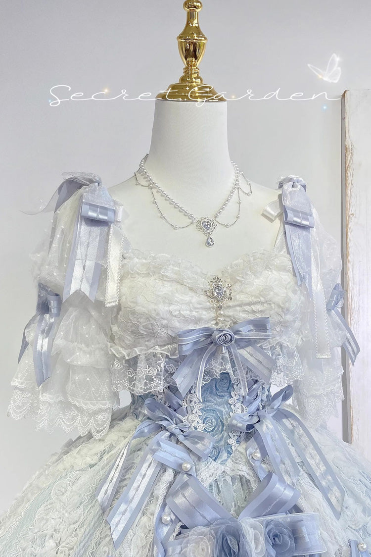 Blue [Diane Rose] Short Sleeves Multi-Layered Jacquard Ruffle Hanayome Cardigan Bowknot Lace Sweet Lolita Dress