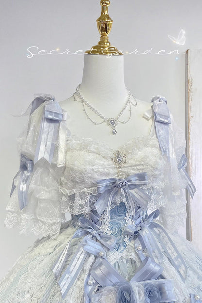 Blue [Diane Rose] Short Sleeves Multi-Layered Jacquard Ruffle Hanayome Cardigan Bowknot Lace Sweet Lolita Dress
