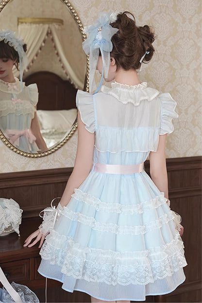 Blue [Frosted Cake] Stand Collar Sleeveless Ruffled Bow Lace Sweet Japanese Princess Lolita Tiered Dress