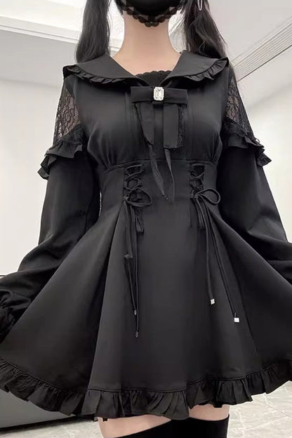 Black [Truffle Forest] Long Sleeves Ruffle Stitching Lace-Up Jirai Kei Japanese Dress Shorts Set