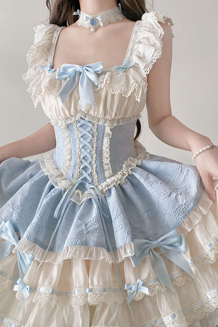 Blue [Flory Butterfly] Double-Layered Ruffle Bowknot Lace Lace-Up Sweet Ballet Lolita Jsk Dress