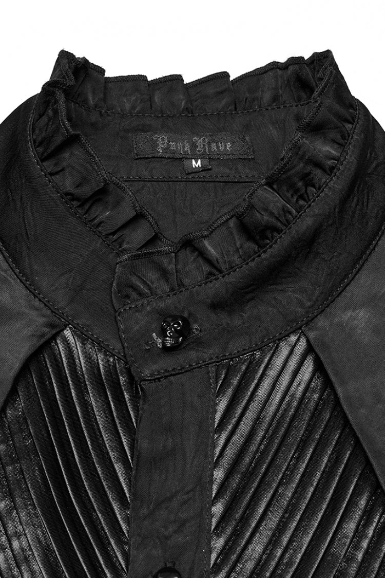 Black Stand Collar Long Sleeves Ruffle Pleated Men's Gothic Blouse