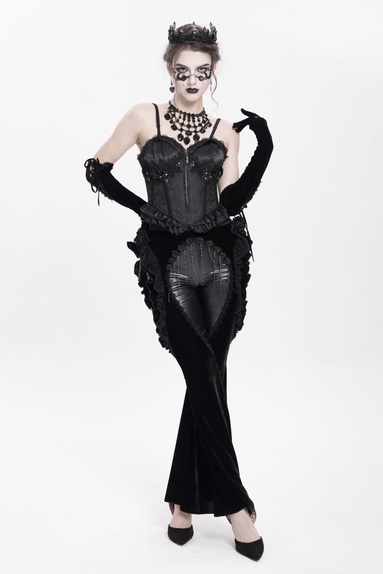 Black Ruffled Spliced Women's Gothic Floral Faux Leather&Velvet Ruffle Pants