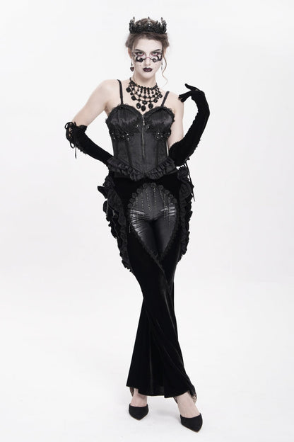 Black Ruffled Spliced Women's Gothic Floral Faux Leather&Velvet Ruffle Pants