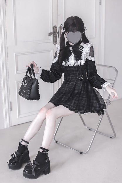 Black [Angel Heartbeat] Long Sleeves Plaid Print Ruffle Bowknot Lace Sweet Jirai Kei Japanese Dress