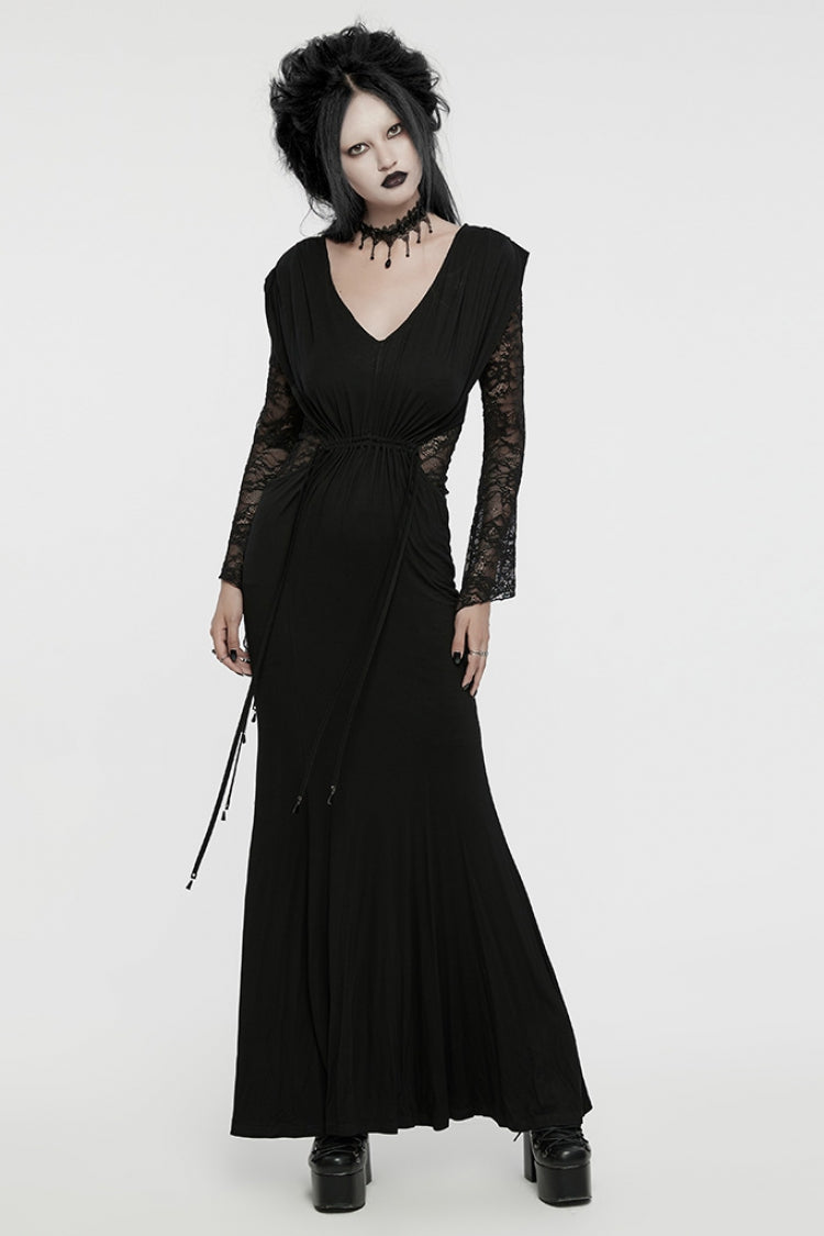 Black V Collar Long Sleeves Stitching Lace Women's Gothic Drawstring Honeymoon Dress