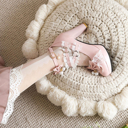 Sweet Ruffled Bow Lace Pearl-Decorated Lolita High Heels 6 Colors