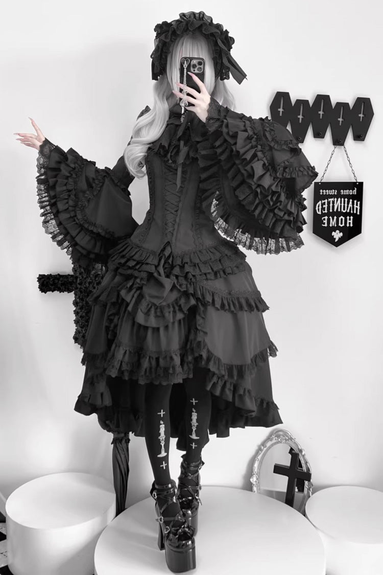 Black [Immortal Phoenix] Long Hime Sleeves Multi-Layered Ruffled Bow Lace-Up Gothic Lolita Skirt Dress Set