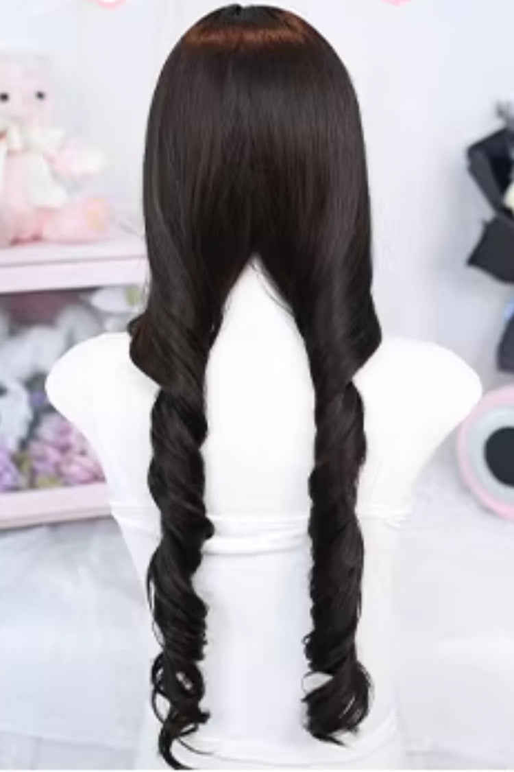 Black Tea Brown Long Curly Wig Light Wispy Bangs Sweet Lolita Style