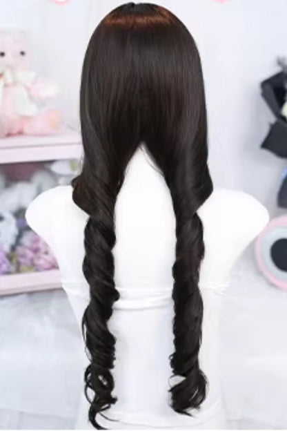 Black Tea Brown Long Curly Wig Light Wispy Bangs Sweet Lolita Style