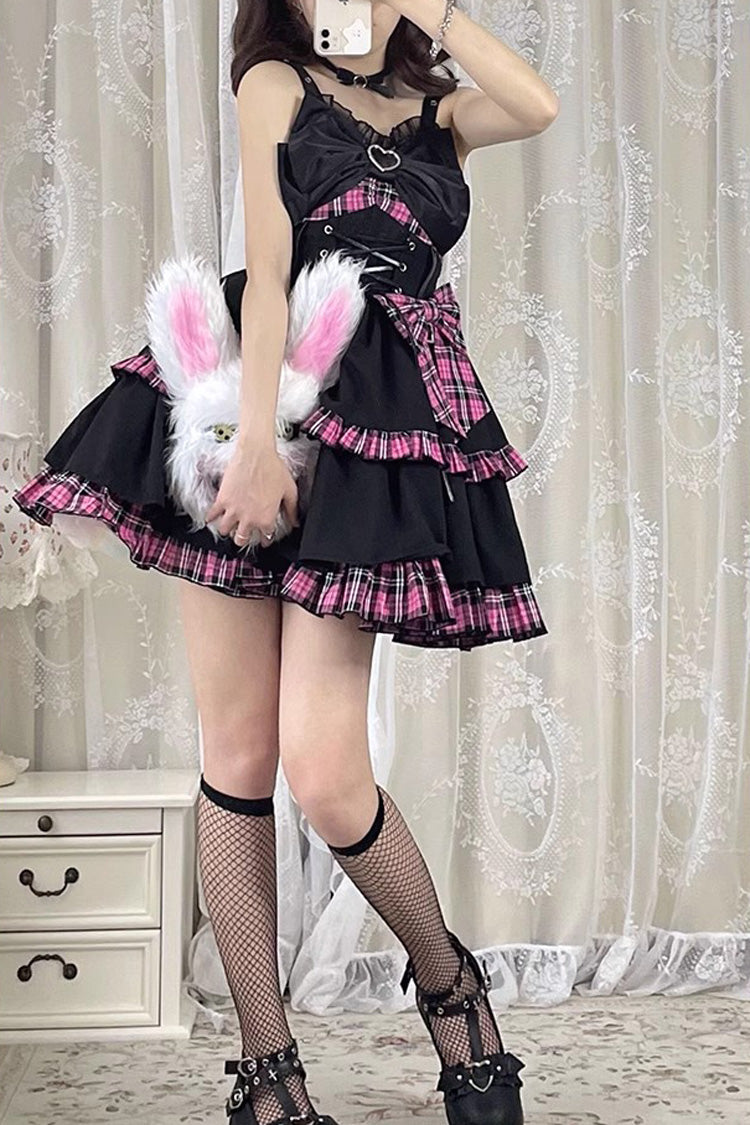 Black/Pink Plaid Print Color Contrast Leather Buckle Bowknot Ruffle Gothic Lolita JSK Dress