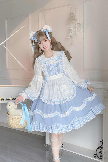 Blue Lapel Collar Bowknot Multi-Layer Ruffled Sweet Lolita JSK Dress