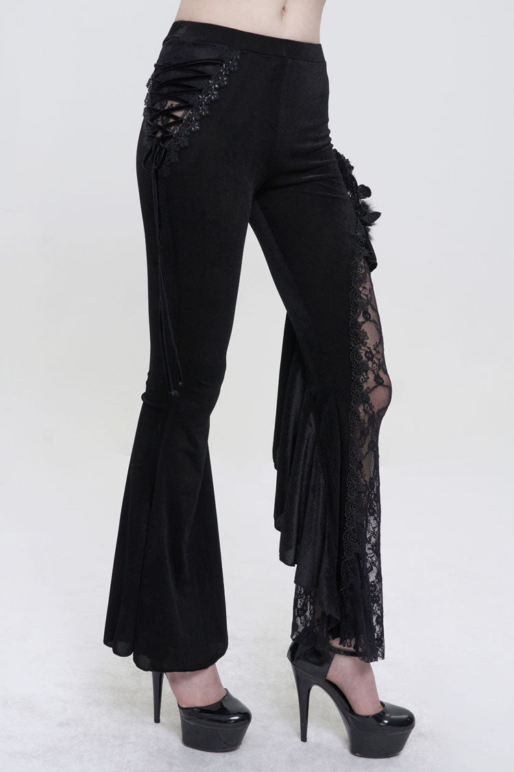 Black Velvet Single Side Stitching Rose Net Side Rope Decoration Asymmetric Pattern Flare Women's Gothic Pants