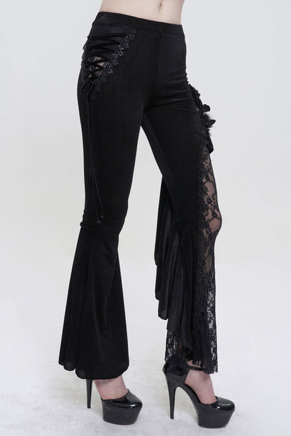 Black Velvet Single Side Stitching Rose Net Side Rope Decoration Asymmetric Pattern Flare Women's Gothic Pants