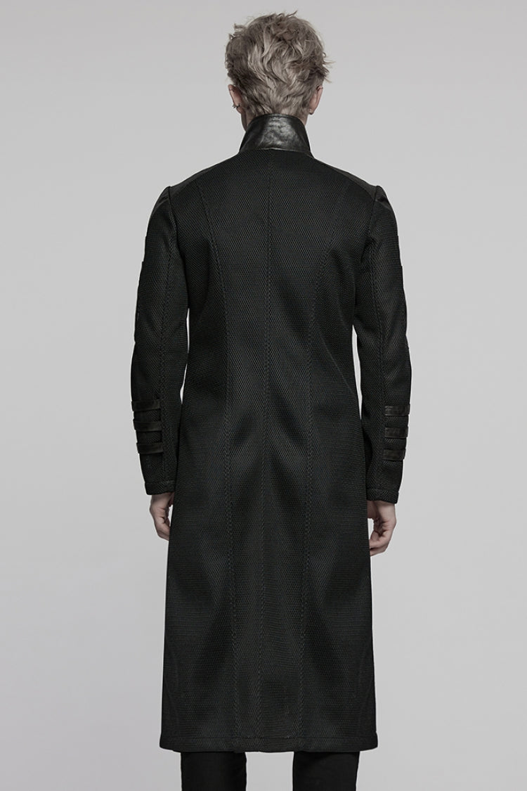 Black Stand Collar Long Sleeves Faux Leather Stitching Mesh Men's Punk Coat