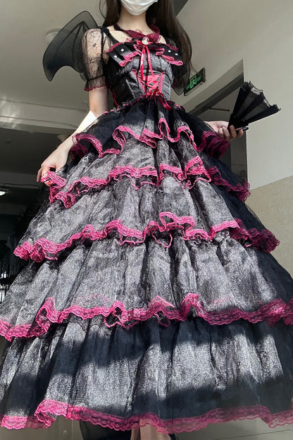 Black/Red Short Sleeves Multi-Layered Ruffle Hanayome Bowknot Lace Plus Size Sweet Lolita Dress (Long Version)
