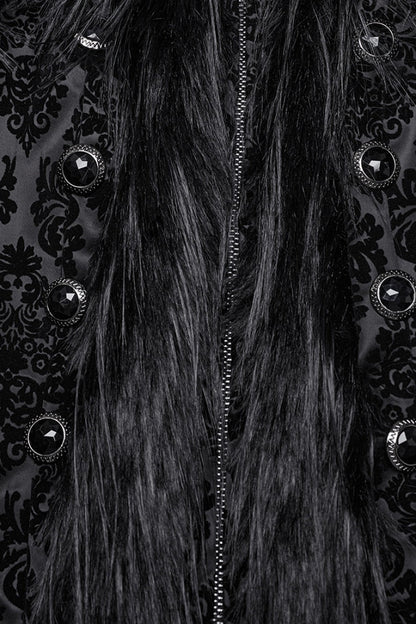 Black Stand Collar Long Sleeves Jacquard Print Stitching Hooded Women's Gothic Coat