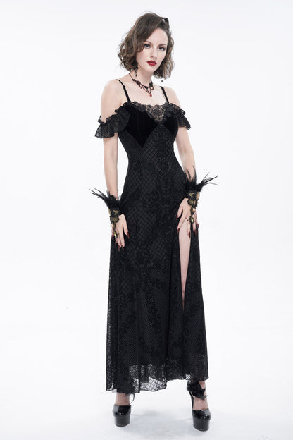 Black Velvet Lace Off Shoulder Ruffled Double Layer Slit Women's Gothic Dresses