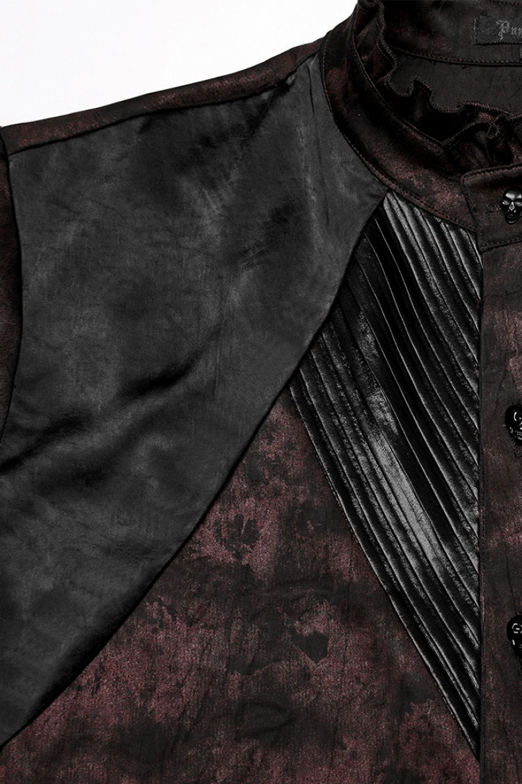 Black/Red Stand Collar Long Sleeves Ruffle Pleated Men's Gothic Blouse
