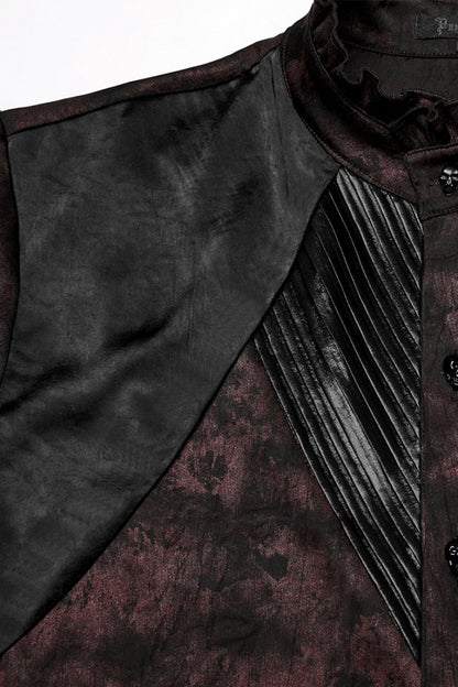 Black/Red Stand Collar Long Sleeves Ruffle Pleated Men's Gothic Blouse