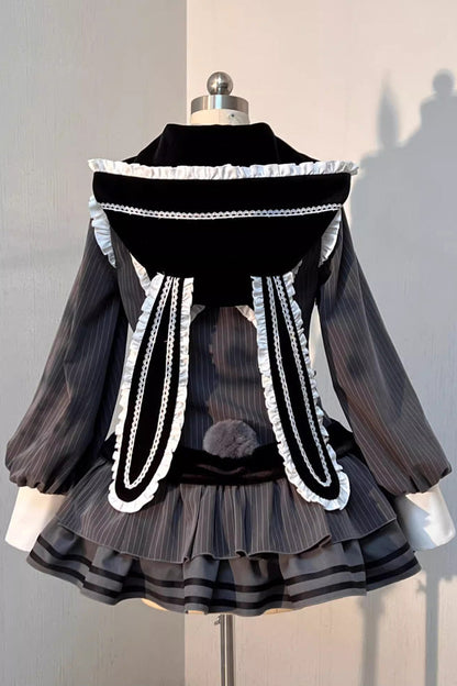 Black [Bizarre Rabbit Opera] Navy Collar Long Sleeves Print Ruffle Bowknot Gothic Lolita Dress