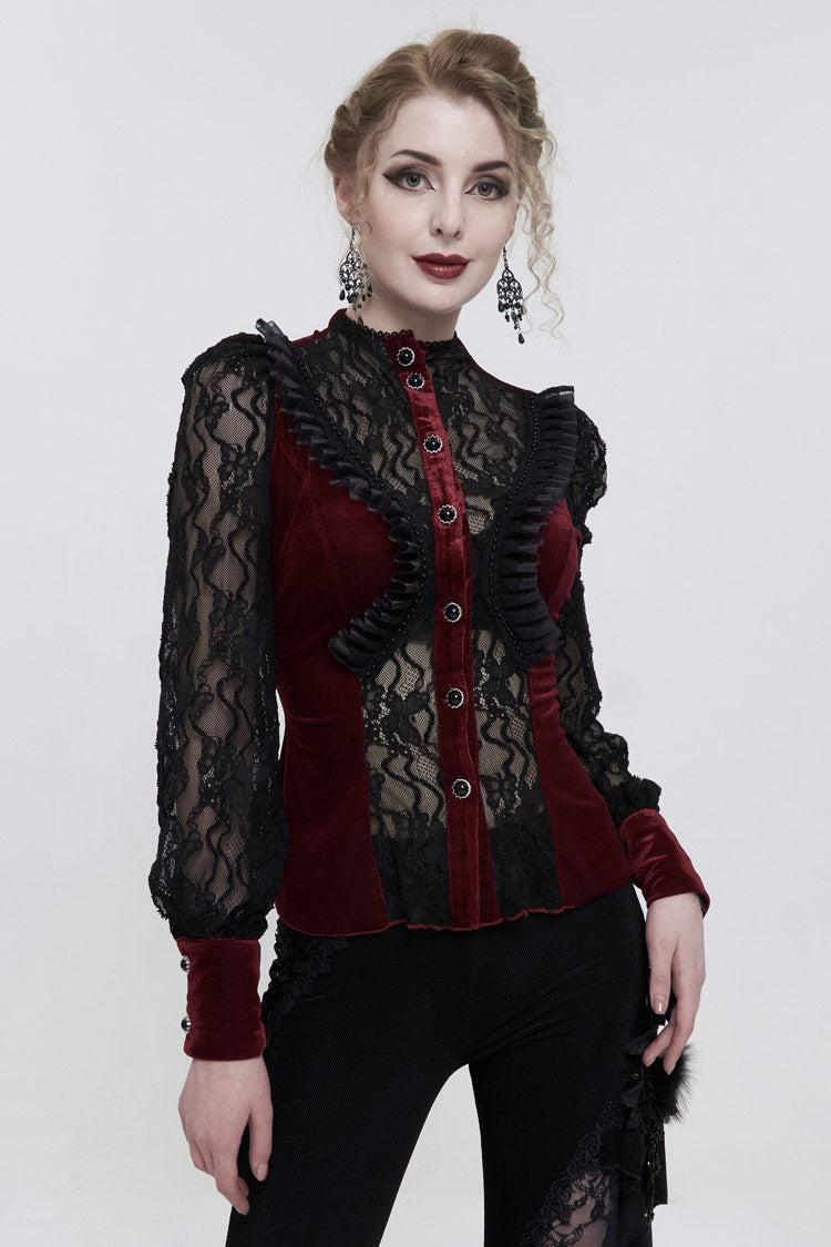 Red Velvet High Neck Lace Fake Bra Design Splicing Three-Dimensional Butterfly Mesh Women's Gothic Shirt