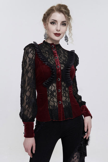 Red Velvet High Neck Lace Fake Bra Design Splicing Three-Dimensional Butterfly Mesh Women's Gothic Shirt