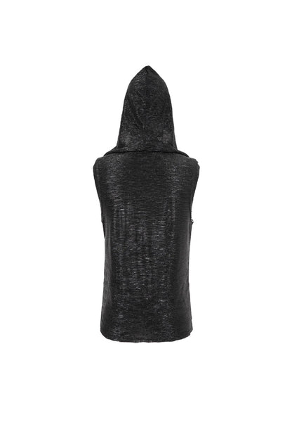 Black Strappy Mesh Splice Men's Punk Vest With Hood