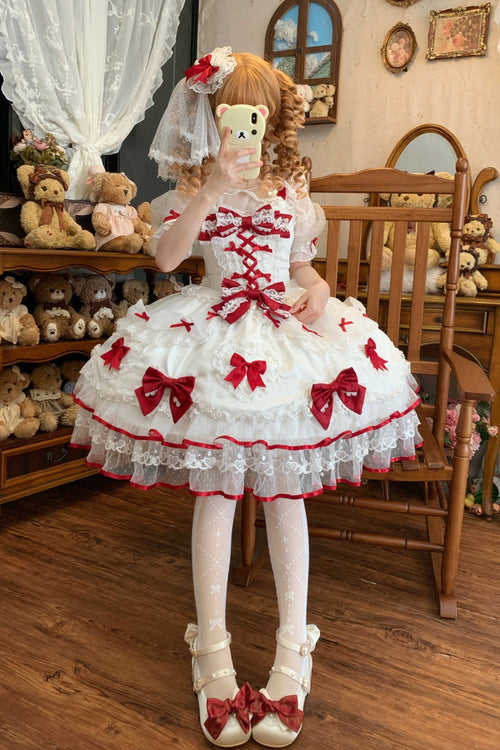 White/Red [Sweetheart] Sleeveless Multi-Layered Embroidered Bow Lace Lace-Up Sweet Lolita Jsk Dress