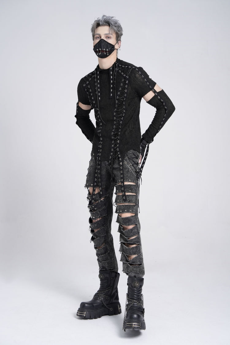 Black Ripped Rivet Men's Punk Pants with Chain