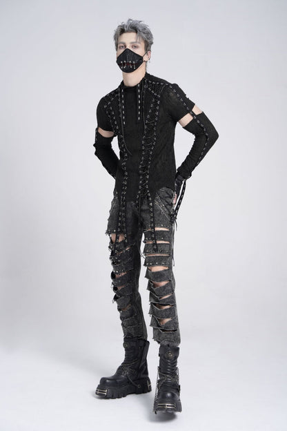 Black Ripped Rivet Men's Punk Pants with Chain