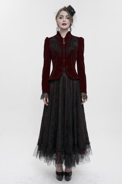 Red Stand Collar Velvet Applique On Chest Pendant Zipper Long Sleeve Women's Gothic Jacket