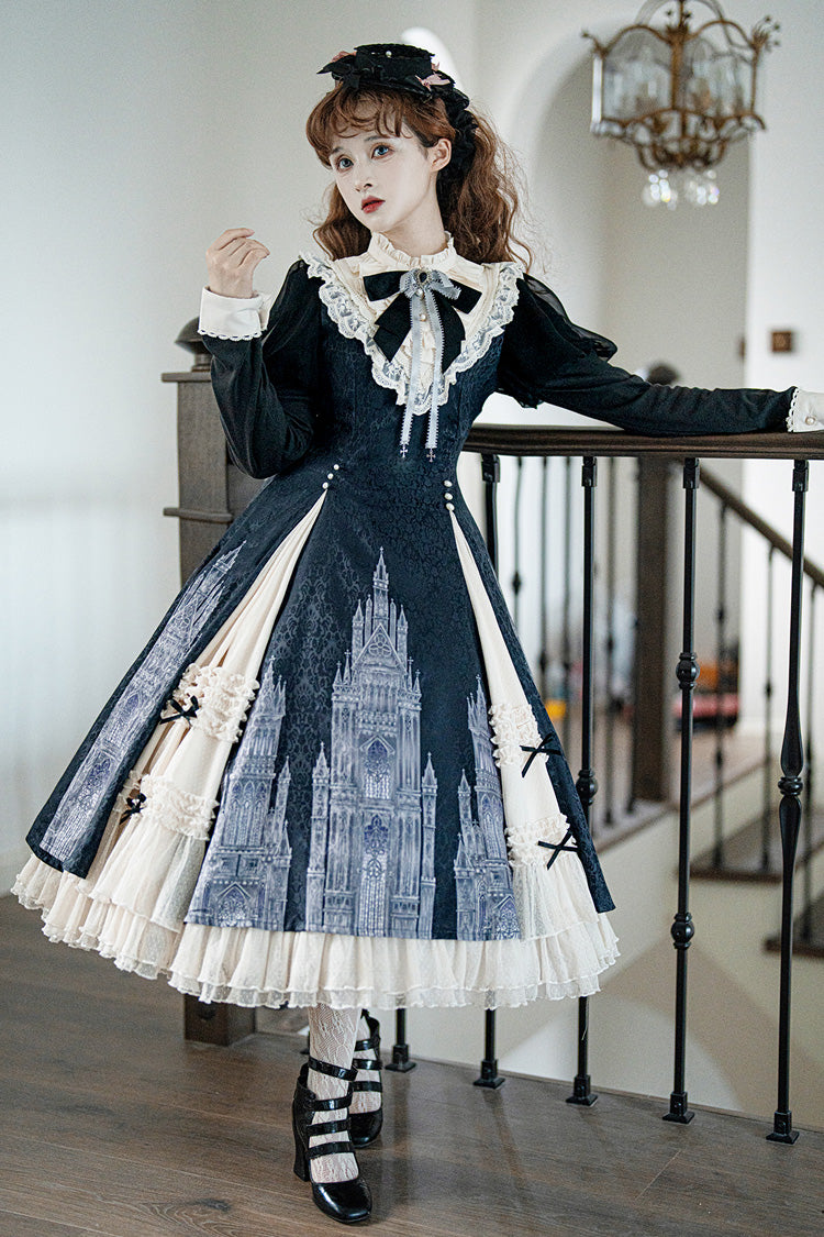 Black/White Church Bells Print Ruffle Cardigan Bowknot Gothic Elegant Lolita Dress