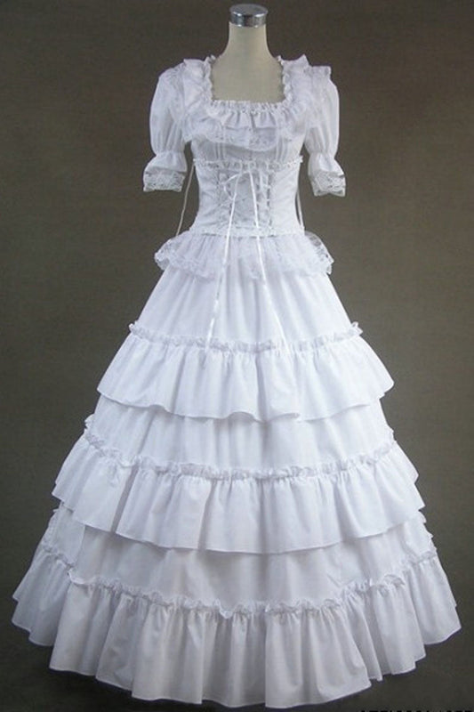 White Cotton Square Collar Short Sleeves Floor Length Multi-Layer Victorian Gothic Lolita Dress