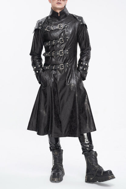 Black Stand Collar Multi Buckle Faux Long Leather Men's Punk Coat