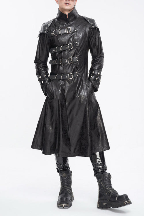 Black Stand Collar Multi Buckle Faux Long Leather Men's Punk Coat
