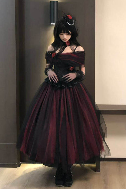 Black/Red [Sanglin’s Tribute] Off Shoulder Ruffled Gothic Lolita Dress