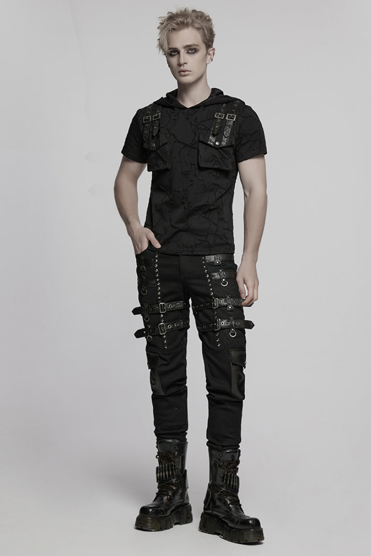 Black Stitching Mesh Buckle Straps Studded Men's Punk Pants