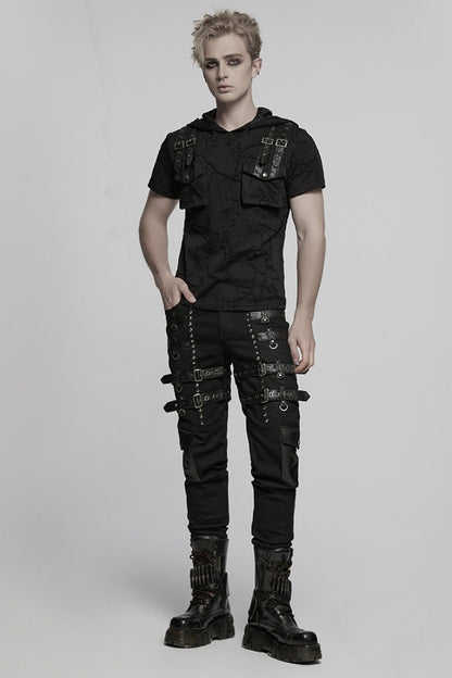 Black Stitching Mesh Buckle Straps Studded Men's Punk Pants