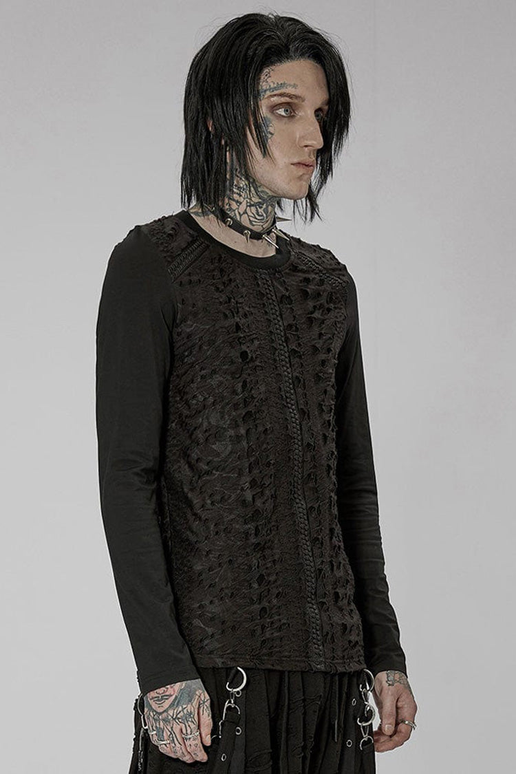 Black Punk Knitted Print Splicing Concave And Convex Webbing Decoration Long Sleeve Men's T-Shirt