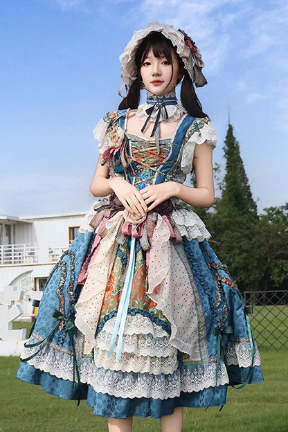 Blue [Lake Monet] Sleeveless High Waisted Print Ruffle Cardigan Bowknot Lace-Up Classic Vintage Elegant Princess Lolita Jsk Dress