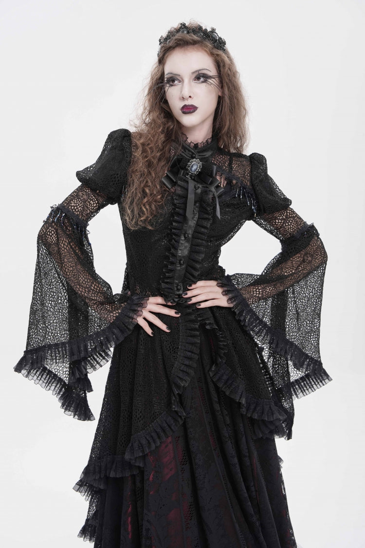 Black Stand Collar Long Trumpet Beaded Sleeves Cut-Out Bow Lace Women's Gothic Blouse